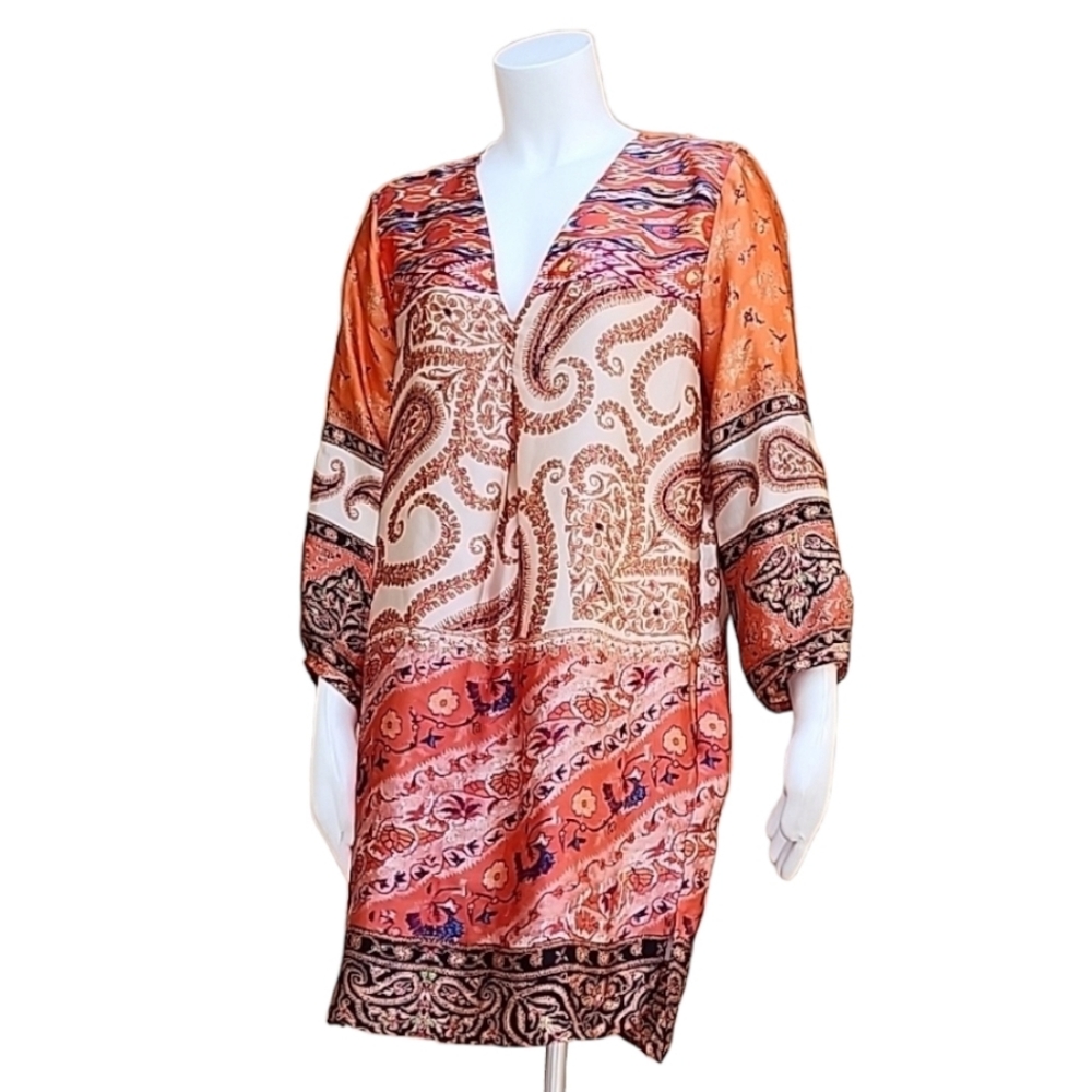 ZARA Paisley Tunic Top L Satin Blouse Orange Long Shirt Boho Convertible Sleeves - Picture 8 of 15